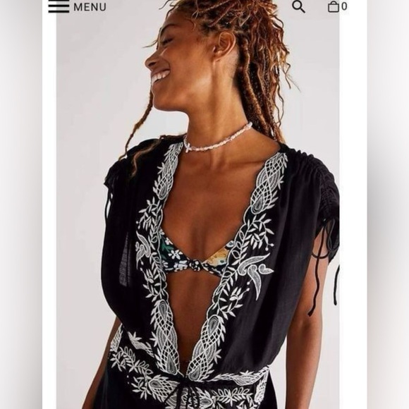 Free People Weila Romper Embroidered Tie Short Sleeve Pockets Black Small - Picture 2 of 14